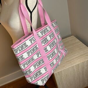 PINK Victoria's Secret Pink and White Logo Stripe Tote